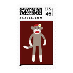 Cute Girl Sock Monkey on Red Stamps