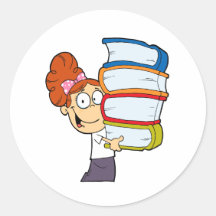 cute girl student with lots of books round sticker