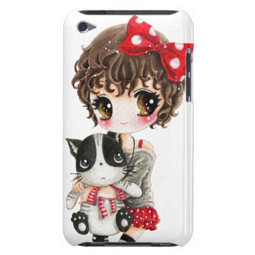 Cute girl with kawaii black cat iPod touch case Zazzle