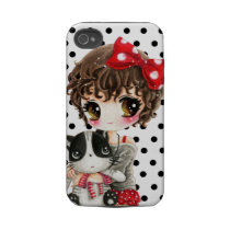 Cute girl with kawaii cat on black polka dots tough iphone 4 covers