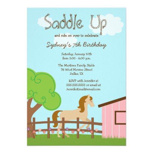 Cute girls horse birthday party invitation (front side)