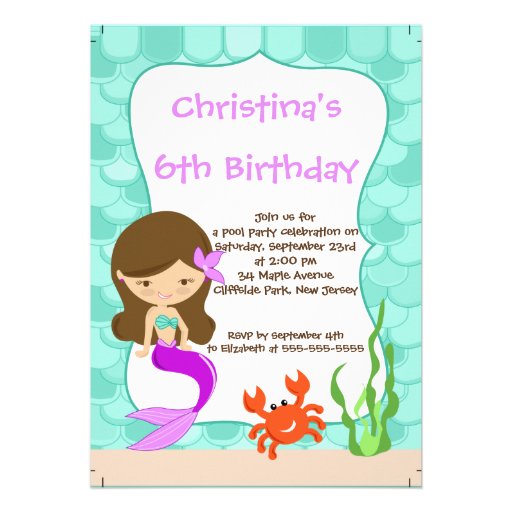 Cute Girls Mermaid Birthday Party Invitations