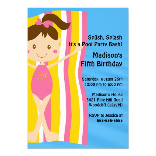 CUTE Girls Pool Party Birthday Invitation (front side)
