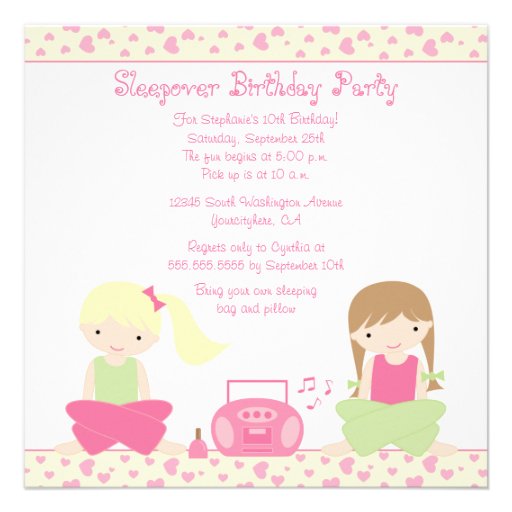 Cute girl's sleepover birthday party invitation (front side)