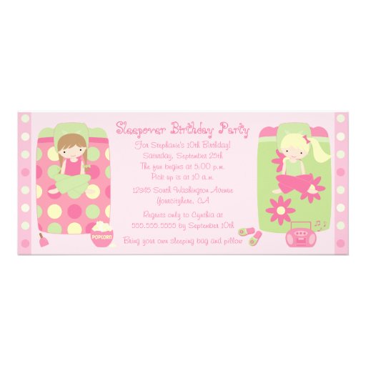 Cute girl's sleepover birthday party invitation (front side)