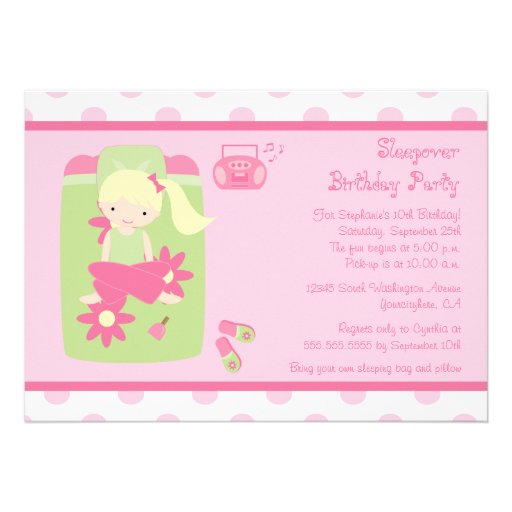 Cute girl's sleepover birthday party invitation (front side)