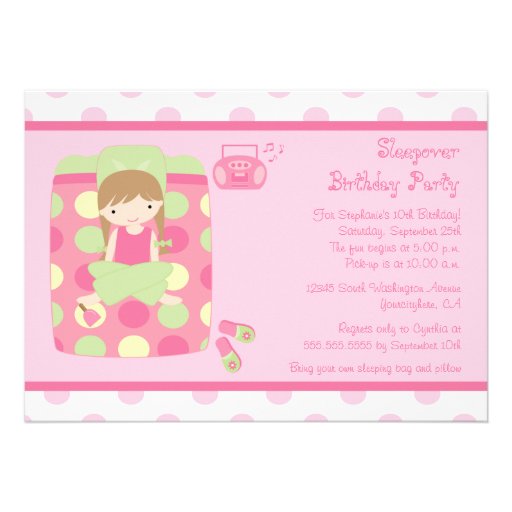 Cute girl's sleepover birthday party invitation (front side)