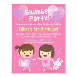 Cute Girls Sleepover Slumber Birthday Party 4.25" X 5.5" Invitation Card