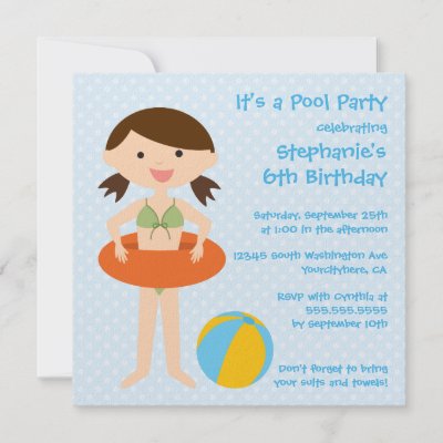 Cute girl's summer pool party birthday invitation by Jamene girls in pool