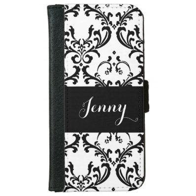Cute Girly Black Damask Pattern Wallet Phone Case For iPhone 6/6S