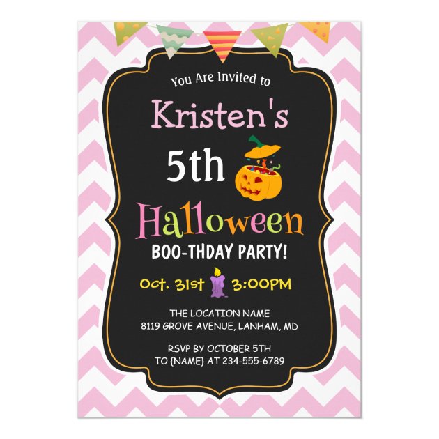Cute Girly Chevron Kid's Halloween Birthday Party Card (front side)