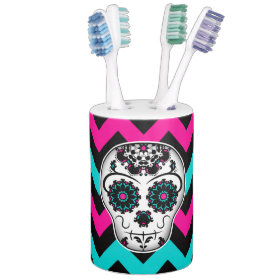 Cute girly day of the dead sugar skull decor toothbrush holder