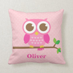 Cute Girly Pink Owl on Branch Girls Room Decor Throw Pillows