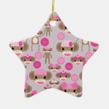 Cute Girly Pink Sock Monkey Girl Pattern Collage Christmas Tree Ornament