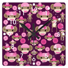 Cute Girly Pink Sock Monkeys Girls on Purple Wall Clocks