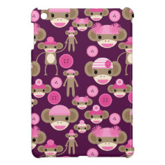 Cute Girly Pink Sock Monkeys Girls on Purple iPad Mini Covers