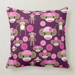 Cute Girly Pink Sock Monkeys Girls on Purple Pillow