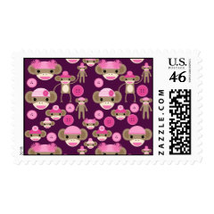 Cute Girly Pink Sock Monkeys Girls on Purple Postage Stamps