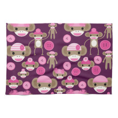 Cute Girly Pink Sock Monkeys Girls on Purple Towel