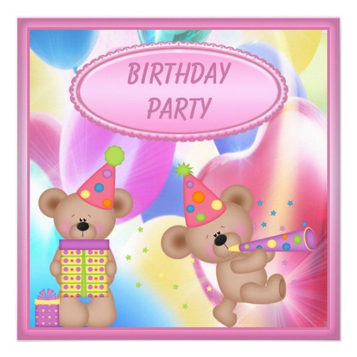 Cute Girly Teddy Bears Birthday Party Personalized Announcement