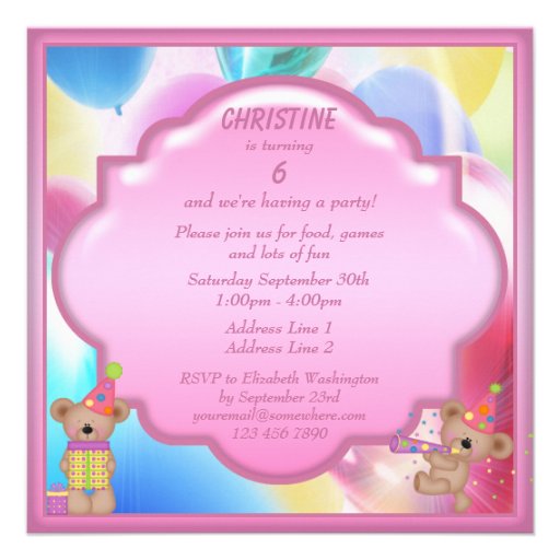 Cute Girly Teddy Bears Birthday Party Personalized Announcement
