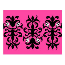 Cute gothic punk skull damask hot pink and black post cards