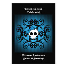 Cute gothic skull blue and black 5x7 sweet 16 custom announcements