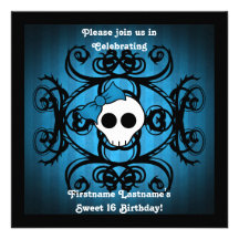 Cute gothic skull  blue black square sweet 16 personalized announcement