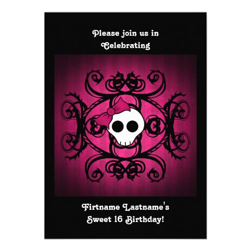 Cute gothic skull fuschia and black 5x7 sweet 16 personalized invite
