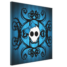 Cute gothic skull on blue and black stretched canvas prints