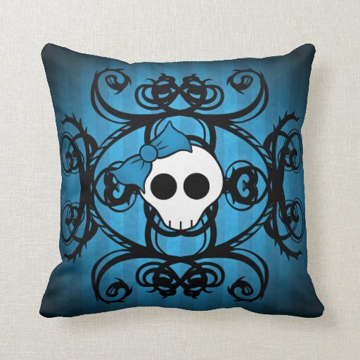 Cute gothic skull on blue and black throw pillows Zazzle