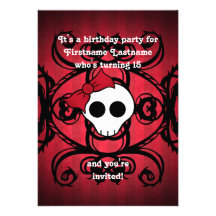Cute gothic skull on red and black 5x7 birthday invite