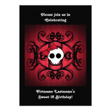 Cute gothic skull on red and black 5x7 sweet 16 personalized invite