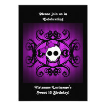 Cute gothic skull purple and black 5x7 sweet 16 personalized invitation