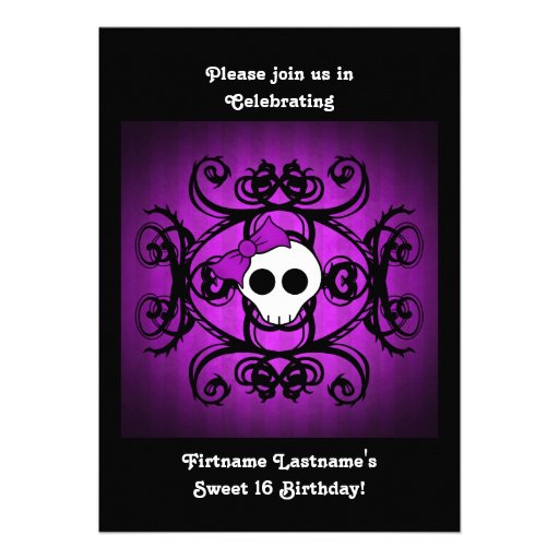 Cute gothic skull purple and black 5x7 sweet 16 personalized invitation