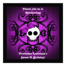 Cute gothic skull  purple black square sweet 16 invitations