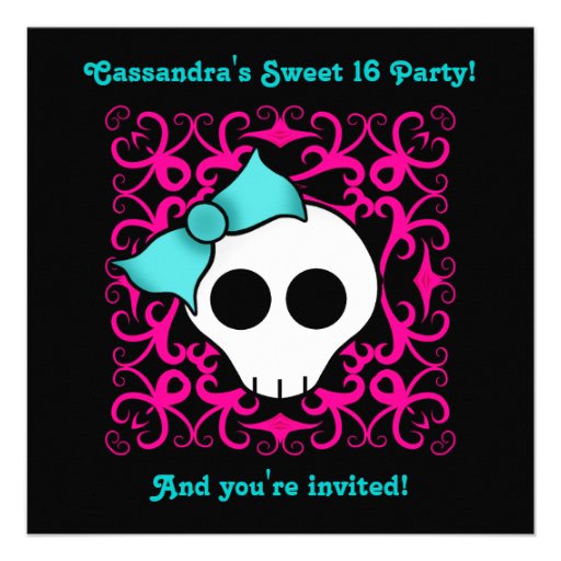 Cute gothic skull sweet 16 birthday party invites