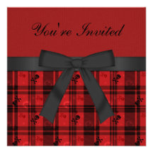 Cute Gothic Skulls & Hearts Black & Red Birthday Invite