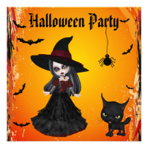 Cute Gothic Witch & Cat Halloween Party Invitation