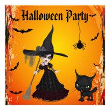 Cute Gothic Witch & Cat Halloween Party Custom Invitation