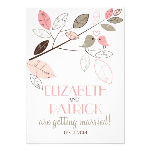 Cute Gray and Pink Lovebirds Wedding Invitation