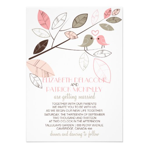 Cute Gray and Pink Lovebirds Wedding Invitation