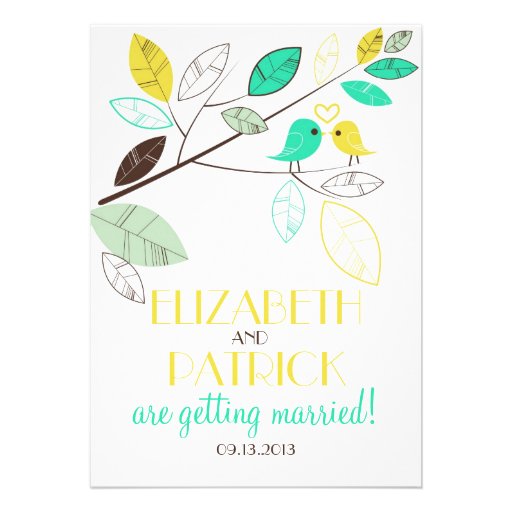 Cute Green and Yellow Lovebirds Wedding Invitation