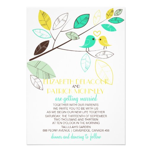 Cute Green and Yellow Lovebirds Wedding Invitation