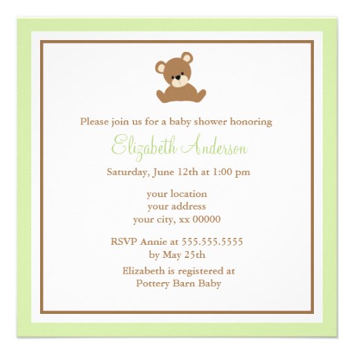 Cute Green Bear Baby Shower Invites