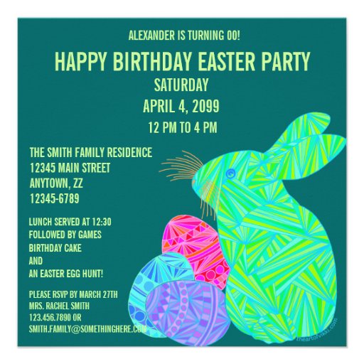 Cute Green Bunny Fun Easter Theme Birthday Invite (front side)
