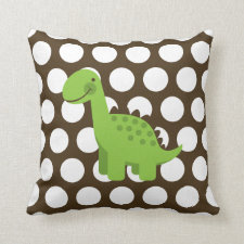 Cute Green Dinosaur White on Brown Polka Dot Throw Pillows