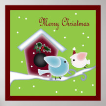 Cute green mistletoe love birds christmas poster