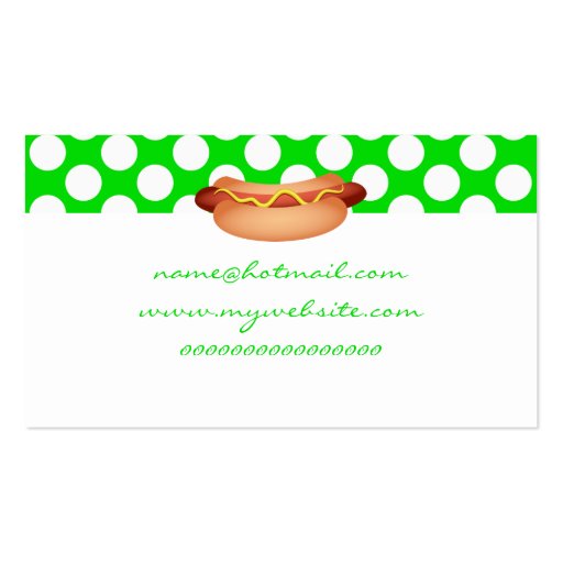 Cute Green Polka Dots & Tasty Hotdog Snack Design Business Card (back side)