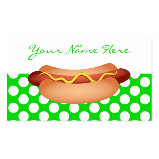Cute Green Polka Dots & Tasty Hotdog Snack Design Business Card (front side)